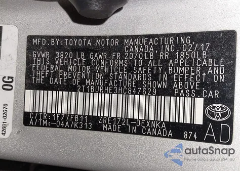 2017 Toyota Corolla Le z USA, uszkodzony, nr VIN 2T1BURHE3HC847629